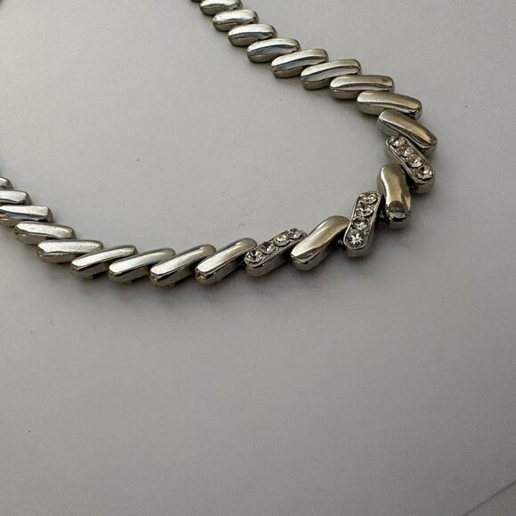Silver Tone Rhinestone Accent Slant Bar Link Necklace Elegant Classic 17 in - Picture 5 of 8